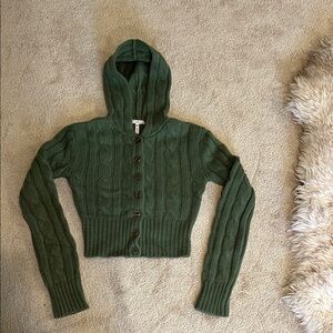 Green Cable Joie Knit Hooded cropped 100% Cashmere Sweater